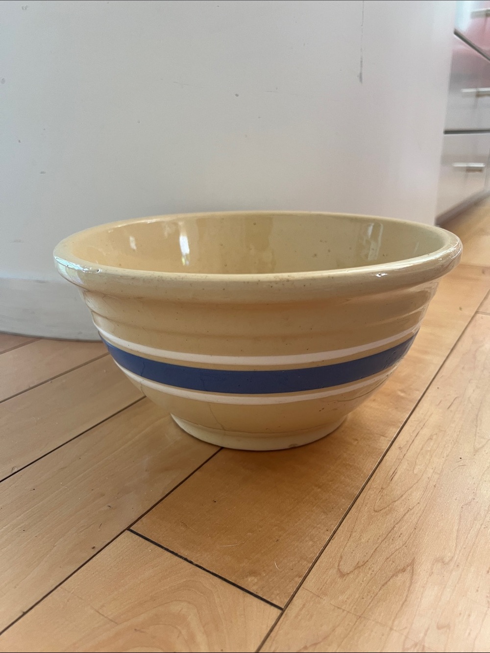 Farmhouse Ceramic 9” Oven Bowl with Blue Stripe